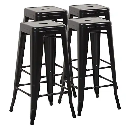 Furmax Backless Metal Indoor-Outdoor Stackable Bar Stools with Square Seat, 30 Inches, Black