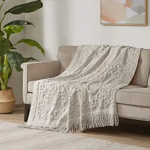 Madison Park 100% Cotton Tufted Chenille Design With Fringe Tassel Luxury Elegant Chic Lightweight, Breathable Cover, Luxe Cottage Room Décor Summer Blanket, 50" x 60", Grey
