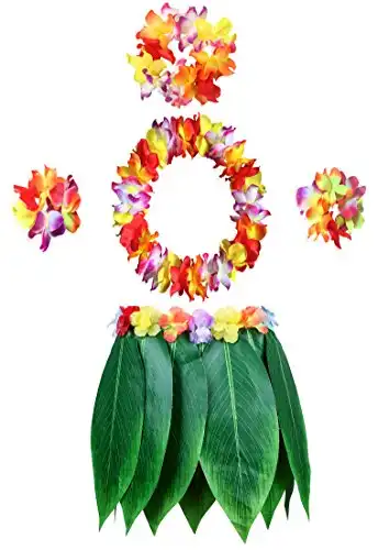 KEFAN Leaf Hula Skirt and Hawaiian Leis Set Grass Skirt with Artificial Hibiscus Flowers for Hula Costume Party (A)