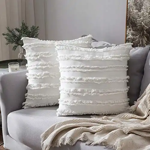 MIULEE Set of 2 Decorative Boho Throw Pillow Covers Linen Striped Jacquard Pattern Cushion Covers for Sofa Couch Living Room Bedroom 18x18 Inch White