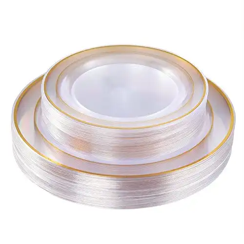 I00000 60 Pcs Clear Gold Plastic Plates, Gold Disposable Plates Includes: 30 Dinner Plates 10.25" and 30 Dessert Plates 7.5 ", Premium Clear Plates Prefect for Wedding and Gold Plates Party/...