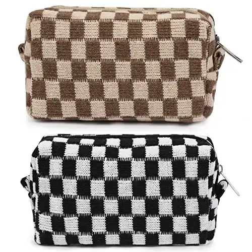 SOIDRAM 2 Pieces Makeup Bag Checkered Cosmetic Bag Black Brown Makeup Pouch Travel Toiletry Bag Organizer Cute Makeup Brushes Storage Bag for Women