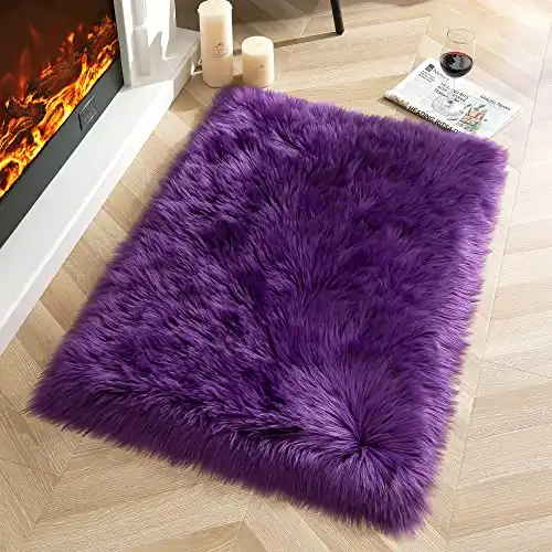 YJ.GWL Luxury Faux Sheepskin Fur Area Rug Soft Fluffy Rugs, Shag Plush Carpet Faux Fur Rug for Bedroom Floor Sofa Living Room, 2 x 3 Feet Rectangle Purple