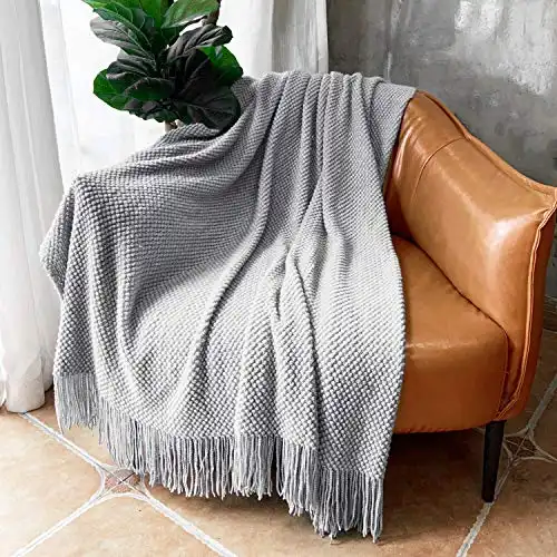 LOMAO Knitted Throw Blanket with Tassels Bubble Textured Soft Lightweight Throws for Couch Cover Home Decor (Light Grey, 50x60)