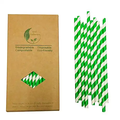 Green White Striped Straws, Spring Green Biodegradable Disposable Paper Drinking Straws for Christmas Party 7.75 inch (100 of Box)