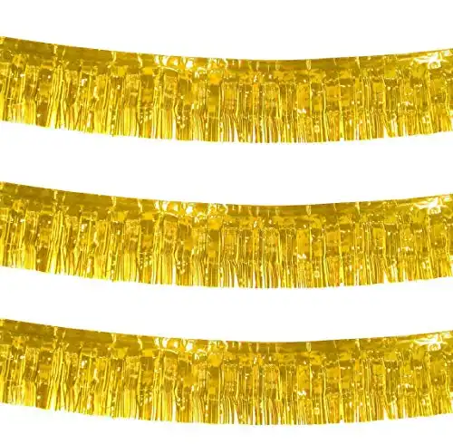 Blukey 10 Feet Long Roll Metallic Fringe Garland (Set of 3) Gold Tassel Foil Banner - Party Supplies for Parade Floats, Fiesta Backdrop, Patriotic Decorations, Wedding, Birthday (Gold)
