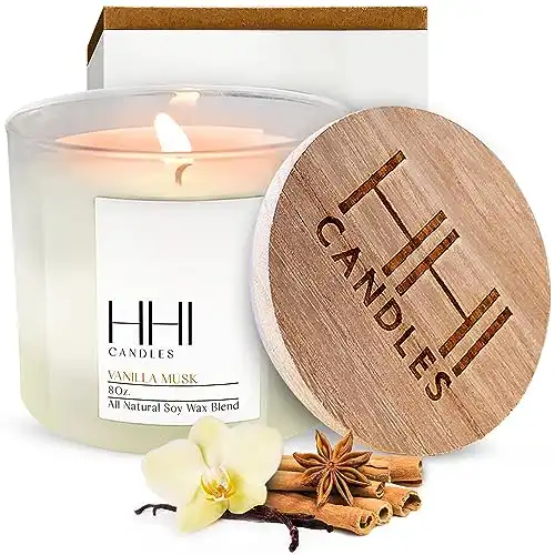 Vanilla Candle | Vanilla Musk Scented Soy Candle | A Blend of Vanilla, Cinnamon, Amber & Hint of Musk | Large Eight Ounce Single Wick Candle | Long Burn time | HHI Candles