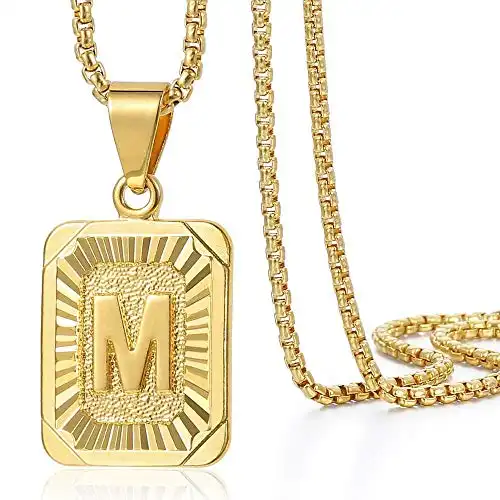 Trendsmax Initial Letter Pendant Necklace for Mens Womens Gold Plated Letter M Pendant Necklace Stainless Steel Box Link Chain 22inch