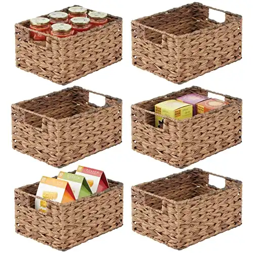 mDesign Woven Farmhouse Kitchen Pantry Food Storage Organizer Basket Bin Box - Container Organization for Cabinets, Cupboards, Shelves, Countertops - Store Potatoes, Onions, Fruit, 6 Pack, Brown Ombre