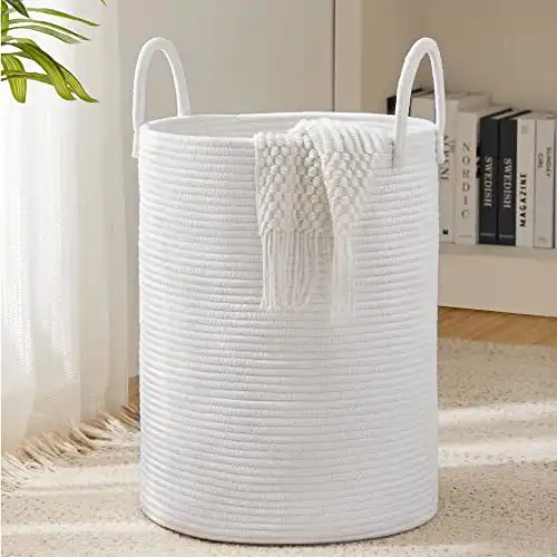 YOUDENOVA Woven Rope Laundry Hamper Basket, 58L Tall Luandry Basket, Baby Nursery Hamper for Blanket Storage, Clothes Hamper for Laundry in Bedroom-Large-Pure White