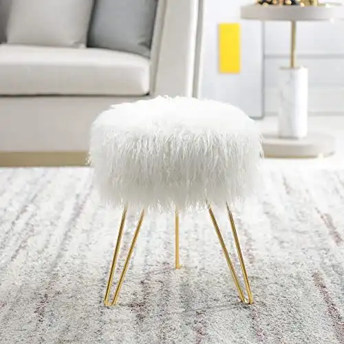 C COMFORTLAND Fur Fuzzy Bedroom Stool for Vanity Desk, Small Fluffy Makeup Chair for Dressing Table, Furry Round Ottoman Foot Stool for Bathroom, Living Room, Kids Room White