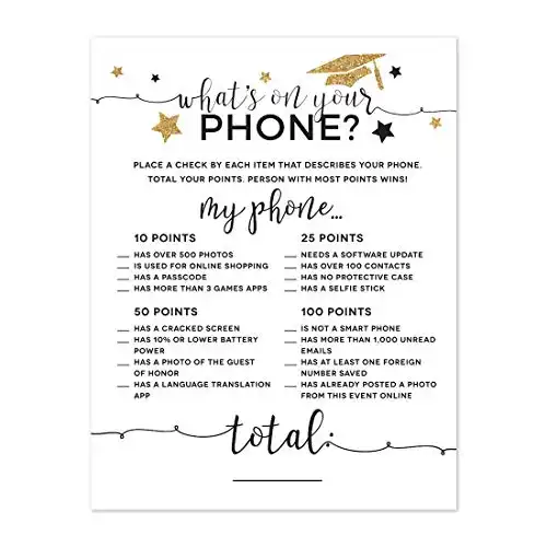 Andaz Press White and Gold Glittering Graduation Party Collection, What's on Your Phone? Game Cards, 20-Pack, Games Activities and Decorations