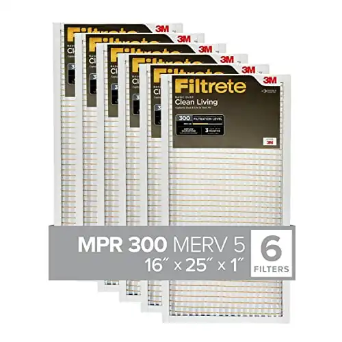 Filtrete 16x25x1 Air Filter, MPR 300, MERV 5, Clean Living Basic Dust 3-Month Pleated 1-Inch Air Filters, 6 Filters