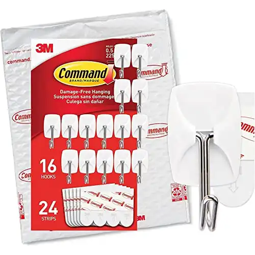 Command Small Wire Toggle Hooks, Damage Free Hanging Wall Hooks with Adhesive Strips, No Tools Wall Hooks for Hanging Organizational Christmas Decorations, 16 White Hooks and 24 Command Strips