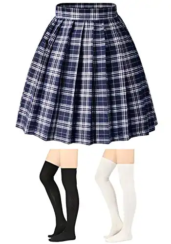 Elibelle Women's Adjustable Waist Tartan Pleated School Skirt with 2 Pairs Socks(Asia L)(05Checks)