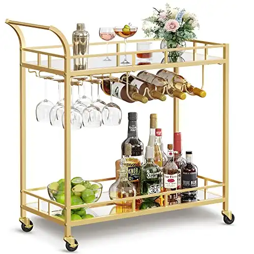 VASAGLE Bar Cart Gold, Home Bar Serving Cart, Wine Cart with 2 Mirrored Shelves, Wine Holders, Glass Holders, for Kitchen, Dining Room, Gold ULRC090A03