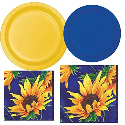 Sunflower Plate & Napkin Bundle for 20 Guests with Bonus Party Planning Checklist, Cobalt Blue/School Bus Yellow