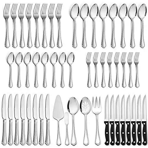 LIANYU 53-Piece Silverware Flatware Set for 8, Plus Steak Knives and Serving Utensils, Stainless Steel Flatware Cutlery Set, Eating Utensils Tableware with Scalloped Edge, Dishwasher Safe