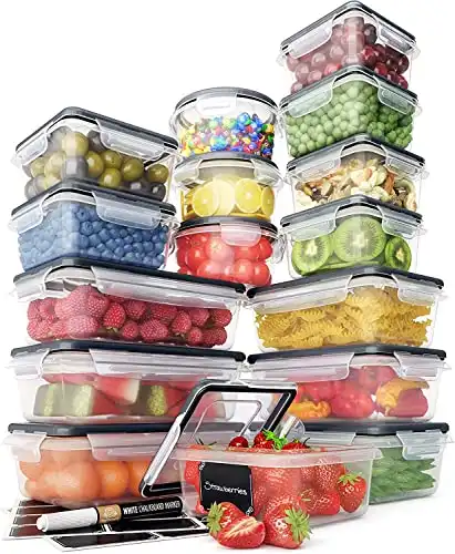 32 Piece Food Storage Containers Set with Easy Snap Lids (16 Lids + 16 Containers) – Airtight Plastic Containers for Pantry & Kitchen Organization – BPA-Free with Free Labels & Mar...