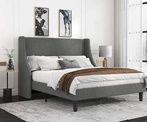 Allewie Queen Bed Frame, Platform Bed Frame Queen Size with Upholstered Headboard, Modern Deluxe Wingback, Wood Slat Support, Mattress Foundation, Light Grey