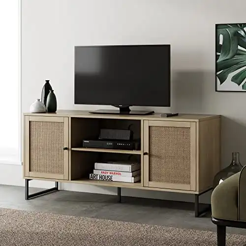 Nathan James 74101 Mina Modern TV Stand, Entertainment Cabinet, Media Console with a Natural Oak Wood Finish and Matte Black Accents with Storage Doors for Living Room or Media Room, Oak/Black