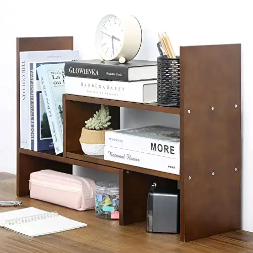 MyGift Adjustable Brown Solid Wood Desktop Storage Organizer Display Shelf Book Rack, Home Office Desk Decor Bookshelf