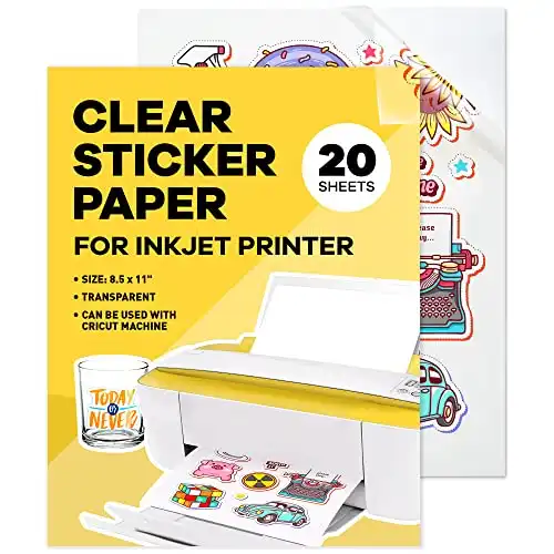 90% Clear Sticker Paper for Inkjet Printer (20 Sheets) - Glossy 8.5 x 11 - Printable Vinyl - Transparent - Adhesive - Clear Sheets - Clear Labels for Cricut