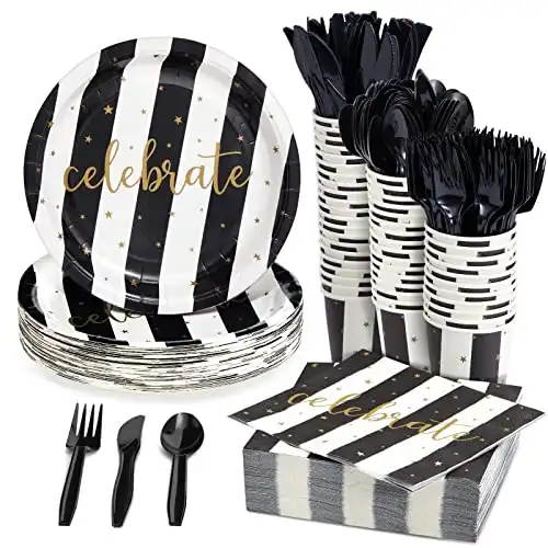 144 Piece Black and White Party Supplies, Striped Celebrate Plates, Napkins, Cups, Cutlery for Graduation, Disposable Dinnerware Set for Birthday Party (Serves 24)