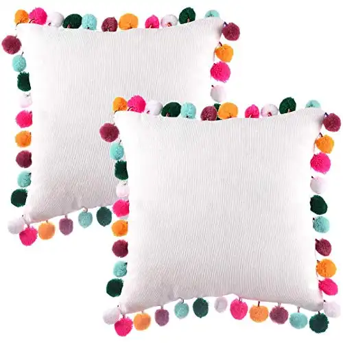 NSSONBEN Pom Pom Pillow Cover 16x16 Inches White Decorative Throw Pillowcase with Colorful Pom Poms for Couch Sofa Bedroom (2pcs)
