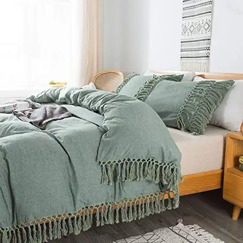 Brandream Sage Green Boho Bedding Tassel Duvet Cover Fringed Twin XL 3 Pcs 100% Washed CottonTeen Baby Vintage and Elegant Ruffle Duvet Covers