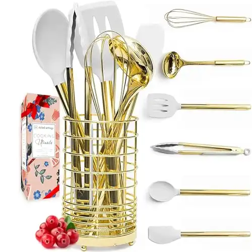White Silicone and Gold Cooking Utensils Set with Holder - 7PC Silicone Cooking Utensils Set Includes Gold Kitchen Utensils, Gold Whisk, Gold Spatula, & Gold Utensil Holder - Gold Kitchen Accessor...