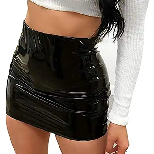 Keniuse Women Sexy Bright Leather Bodycon Slim Micro Mini Skirt Evening Party Clubwear (Black, M)