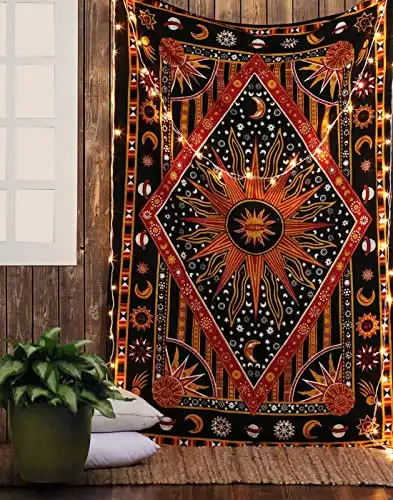 ModTradIndia - Celestial Sun Moon Stars Planet Tapestry, Indian Hippie Wall Hanging, Bohemian Bedspread, Mandala Cotton Dorm Decor Beach Blanket