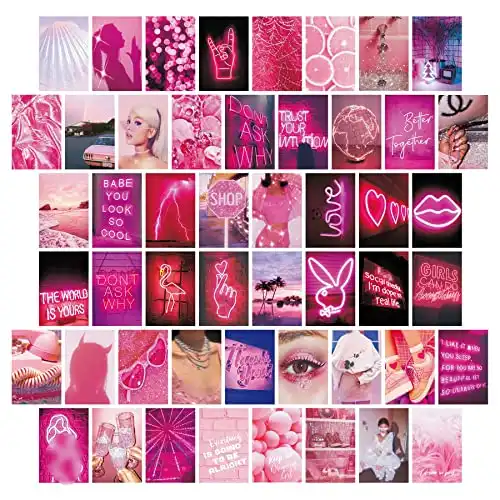 50pcs Wall Collage Kit Pink Aesthetic Pictures for Bedroom Decor - Aesthetic Room Decor for Teen Girls, Wall Art, Indie Room Decor, Vsco Posters Neon Pink Wall Pictures for Wall Decor (4x6 Inches)