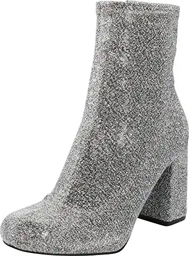Cambridge Select Women's Closed Round Toe Stretch Fabric Sock Chunky Block Heel Ankle Bootie,6.5 B(M) US,Silver Glitter