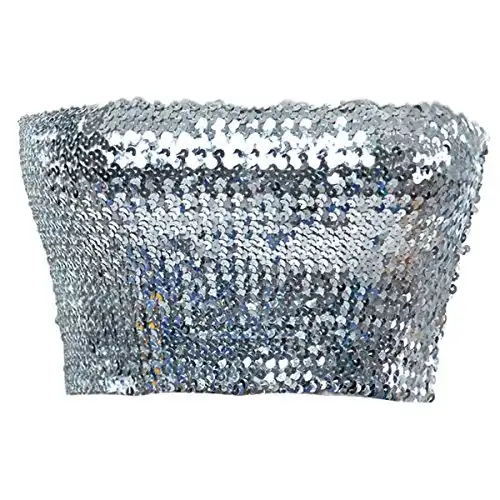 Anna-Kaci Womens Shiny Sequin Party Cropped Strapless Bandeau Stretch Tube Top, Silver, Large - X-Large