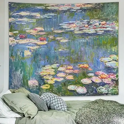 Monet Waterlily Vintage Poster, Green Floral Plant Art Wall Tapestry for Bedroom Men, Small Nature Flower Pond Wall Hanging, Abstract Garden Aesthetic Tapestries for Living Room Dorm Decor 39in X 51in