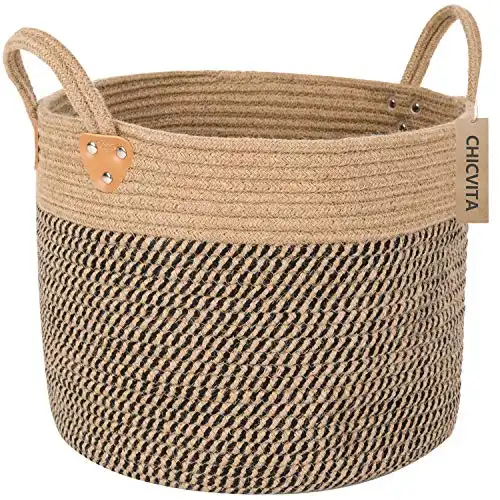 CHICVITA Jute Woven Wicker Floor Storage Basket With Handles, Boho Decorative Basket For Blanket, Toy, Shoe, Firewood, Farmhouse Plant Basket for Living Room, 14" X 14" X 12"