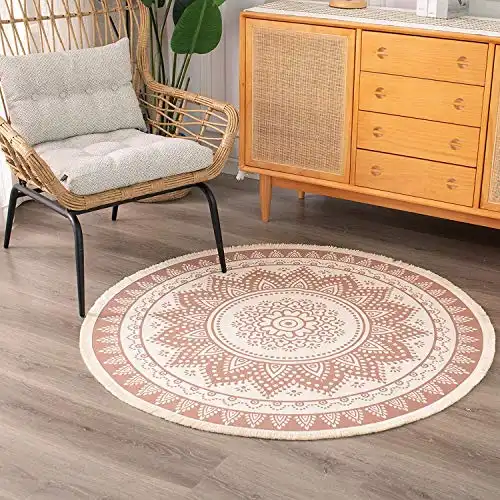 Boho Cotton Mandala Round Area Rug for Bedroom Living Room, with Bohemian Floral Pattern Hand Woven Circle Carpet with Tassels Fringe, Chic Indoor Floor Mat Machine Washable, 5 ft