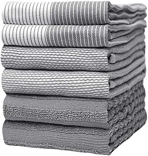 Premium Kitchen,Hand Towels (20”x 28”, 6 Pack) Large Cotton, Dish, Flat & Terry Towel Highly Absorbent Tea Towels Set with Hanging Loop Gray