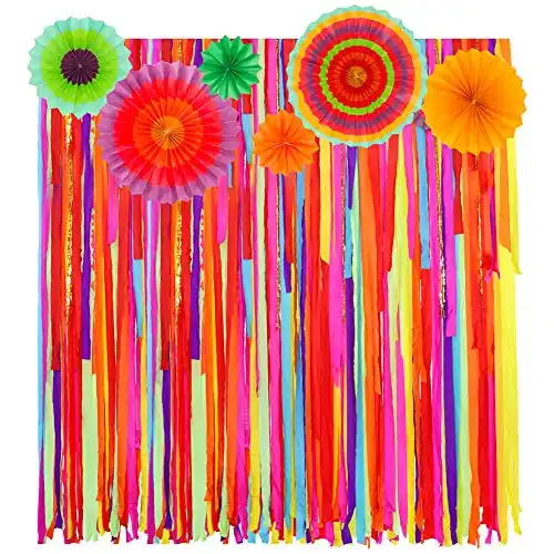 Mexican Fiesta Theme Party Backdrop with Fiesta Paper Fans, Mexican Fiesta Cinco De Mayo Party Decorations Streamer Backdrop for Taco Party Wedding Bridal Baby Shower Birthday Supplies