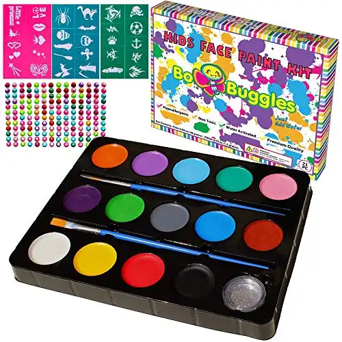 Bo Buggles Face Paint Kit for Kids with 30 Stencils, Professional Quality Paints + Glitter; 2 Brushes, Kid-Safe, Non-Toxic Face Painting Palette