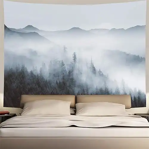 Heopapin Misty Forest Tapestry Forest Trees with Mountain Tapestry Black and White Fantastic Fog Magical Tapestry 3D Vision Nature Landscape Tapestry for Bedroom Living Room Dorm (W78.7 × H59.1)