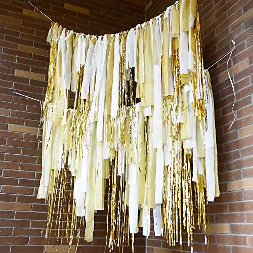 Melody Fantasy White Gold 200 Plastic Strips Streamer Backdrop, DIY Streamers Pastel Ribbon Fringe Curtain Backdrop for Birthday Bachelorette Wedding Baby Shower Party Decorations (NOT Pre-Assembled)