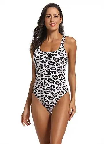 Bestag Retro 80s/90s High Cut Low Back One Piece Swimwear Bathing Suits (Leopard1, Small)