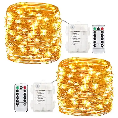 GDEALER 2 Pack 20 Feet 60 Led Fairy Lights Battery Operated with Remote Control Timer, 8 Modes Waterproof Copper Wire Twinkle String Lights Christmas Lights for Bedroom Party Indoor- Warm White