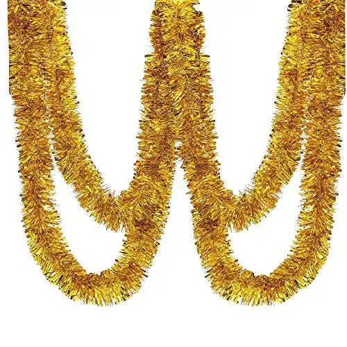 Blukey 25 ft Long Roll Gold Tinsel Twist Garland, Shiny Metallic Foil Decorations for Parade Floats, Halloween, Christmas Eve, New Year Parties (4" x 25' roll, Gold)