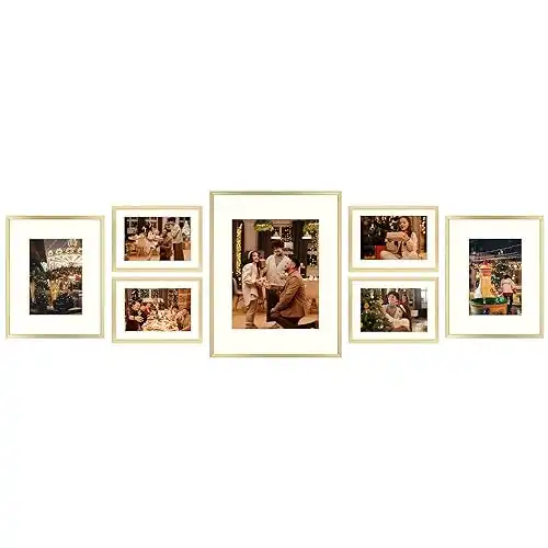Golden State Art, Metal Wall Photo Frame Collection, Aluminum Photo Frame with Ivory Color Mat & Real Glass (Style 2, Gold, 7 Pack)