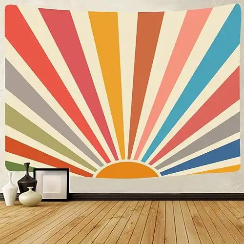 Vintage Sun Tapestry Bohemia Wall Hanging Retro 70s Rainbow Sunrise Sunset Geometric Grunge Abstract Art Print Hippie Decor for Dorm Nursery Bedroom (51 x 59inch)