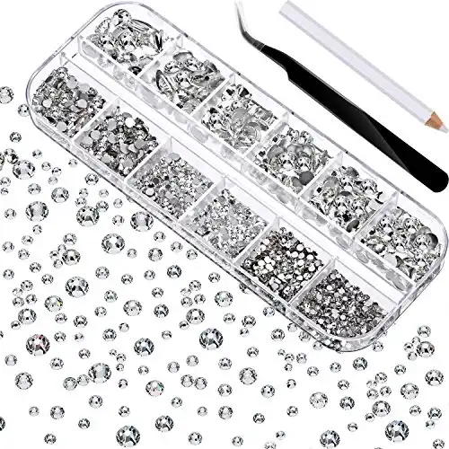 2000 Pieces Flat Back Gems Rhinestones 6 Sizes (1.5-6 Mm) Round Crystal Rhinestones with Pick up Tweezer and Rhinestones Picking Pen for Crafts Nail Clothes Shoes Bags DIY Art (Clear)